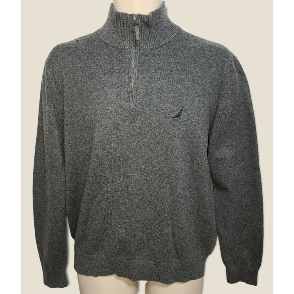 Dockers Knit Top Mens L Long Sleeve Fleece Lined 1/4 Zipper Gray / Blue Trim M1